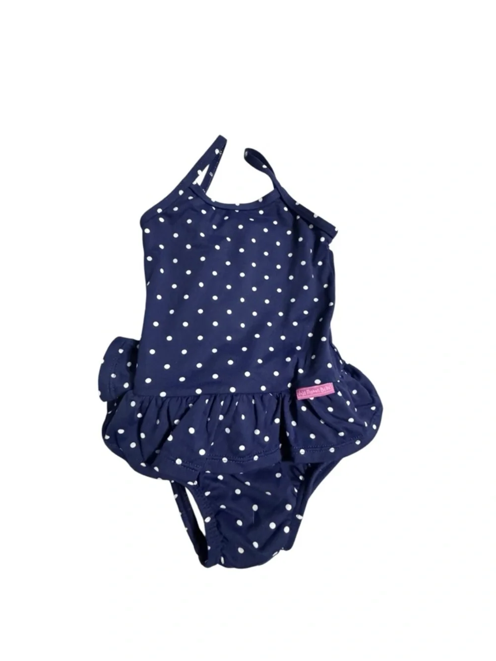 JoJo Maman Bebe Navy and White Polka Dot One-Piece Swimsuit with Ruffle Skirt